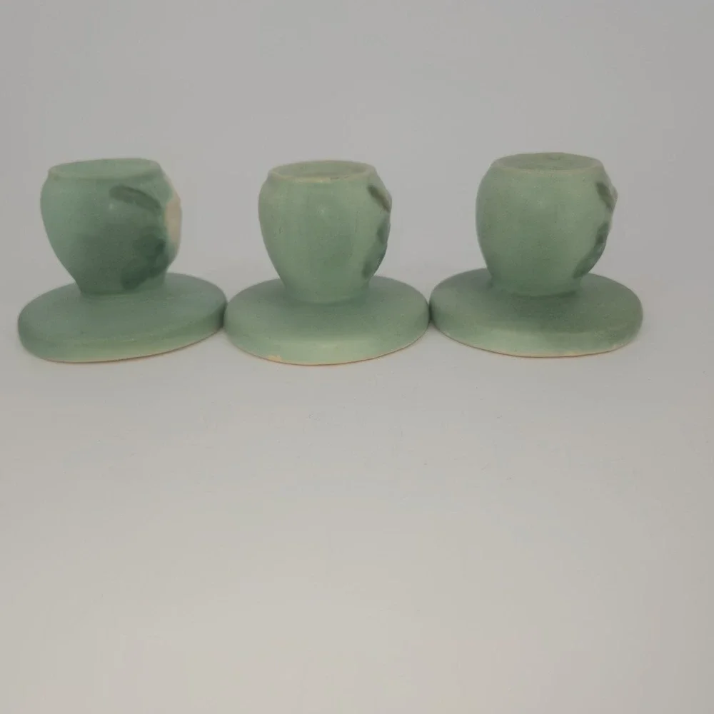 Weller Pottery Wild Rose Green Candle Holders Set of 3 1930s USA Vintage Cottage